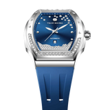 The TSAR BOMBA Lumina is a diamond-set luxury automatic ladies' watch. The dial and bezel are set with 79 lab-grown diamonds totaling 0.66 carats. The watch is powered by a Japanese automatic movement. It features TSAR BOMBA's patented interchangeable strap function, an A-grade luminous coating, a scratch-resistant sapphire crystal, and a comfortable, interchangeable fluoroelastomer strap. It is water-resistant to 50 meters (5 ATM).-blue-tow view