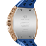  TSAR BOMBA Elemental TB8211Q Stainless Steel Tonneau Chronograph Watch. Features a stainless steel case and a precision-machined quartz movement. The textured dial integrates date display and chronograph function. A 1/20th-second counter is located at 12 o'clock, the date display at 3 o'clock, the hour/minute counter at 6 o'clock, and the seconds counter at 9 o'clock.--rear-view
