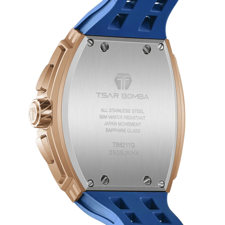  TSAR BOMBA Elemental TB8211Q Stainless Steel Tonneau Chronograph Watch. Features a stainless steel case and a precision-machined quartz movement. The textured dial integrates date display and chronograph function. A 1/20th-second counter is located at 12 o'clock, the date display at 3 o'clock, the hour/minute counter at 6 o'clock, and the seconds counter at 9 o'clock.--rear-view
