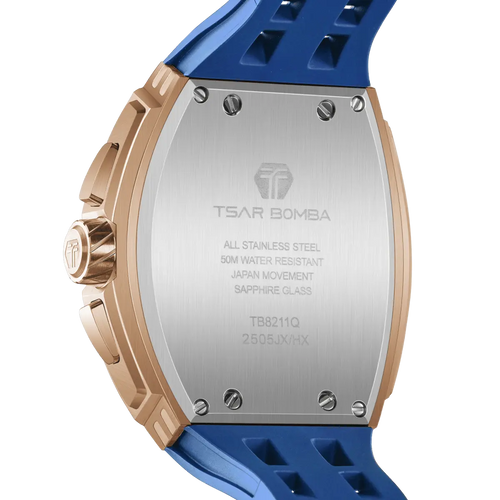 TSAR BOMBA TB8211Q-Ⅱ stainless steel tonneau men's watch, rear view, showcasing the silver case back, gold case, and blue strap.