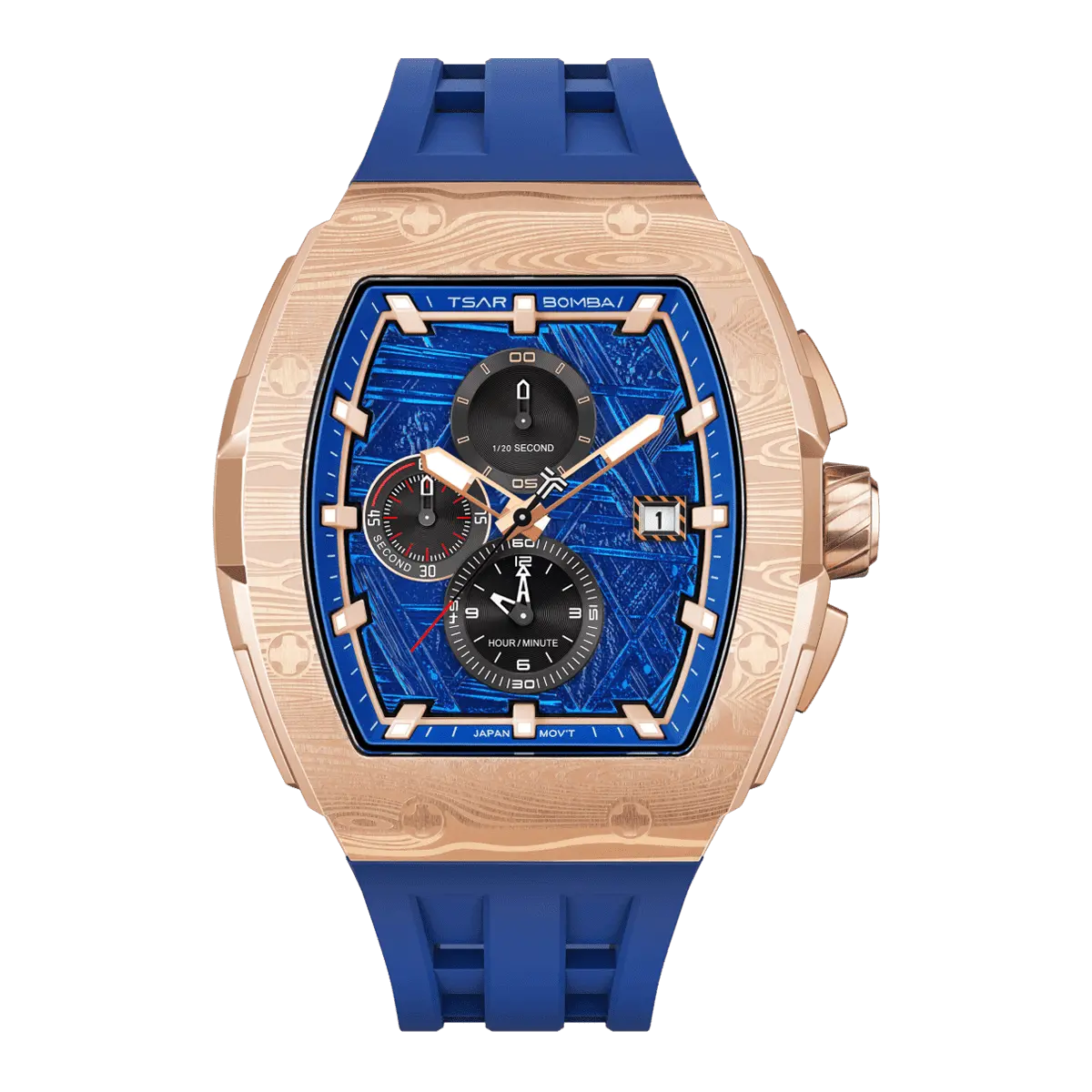  TSAR BOMBA Elemental TB8211Q Stainless Steel Tonneau Chronograph Watch. Features a stainless steel case and a precision-machined quartz movement. The textured dial integrates date display and chronograph function. A 1/20th-second counter is located at 12 o'clock, the date display at 3 o'clock, the hour/minute counter at 6 o'clock, and the seconds counter at 9 o'clock.--front view