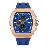  TSAR BOMBA Elemental TB8211Q Stainless Steel Tonneau Chronograph Watch. Features a stainless steel case and a precision-machined quartz movement. The textured dial integrates date display and chronograph function. A 1/20th-second counter is located at 12 o'clock, the date display at 3 o'clock, the hour/minute counter at 6 o'clock, and the seconds counter at 9 o'clock.--front view