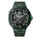 TSAR BOMBA Electron TB8401CF Men’s Watch. Crafted entirely from carbon fiber—including the strap—it weighs just 100 grams. The skeleton dial design offers a direct view of the movement, allowing you to appreciate the charm of precision mechanics in action. Powered by a Citizen MIYOTA movement. The Electron-TB8401CF features Grade A luminescent coating, scratch-resistant sapphire crystal, and an interchangeable fluororubber strap. Water-resistant to 100 meters (10 ATM).-Front view
