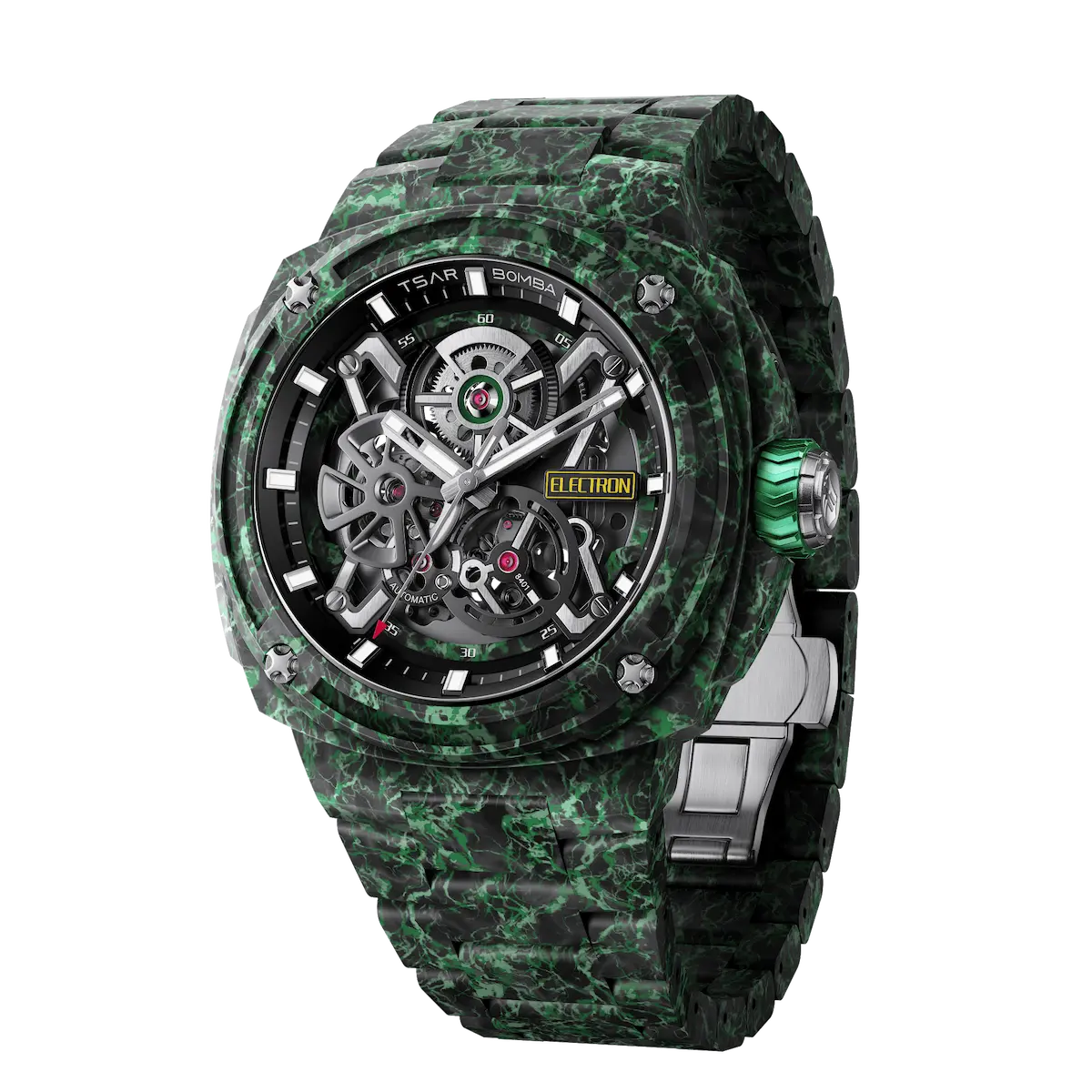 TSAR BOMBA Electron TB8401CF Men’s Watch. Crafted entirely from carbon fiber—including the strap—it weighs just 100 grams. The skeleton dial design offers a direct view of the movement, allowing you to appreciate the charm of precision mechanics in action. Powered by a Citizen MIYOTA movement. The Electron-TB8401CF features Grade A luminescent coating, scratch-resistant sapphire crystal, and an interchangeable fluororubber strap. Water-resistant to 100 meters (10 ATM).-Left three-quarter view
