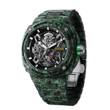 TSAR BOMBA Electron TB8401CF Men’s Watch. Crafted entirely from carbon fiber—including the strap—it weighs just 100 grams. The skeleton dial design offers a direct view of the movement, allowing you to appreciate the charm of precision mechanics in action. Powered by a Citizen MIYOTA movement. The Electron-TB8401CF features Grade A luminescent coating, scratch-resistant sapphire crystal, and an interchangeable fluororubber strap. Water-resistant to 100 meters (10 ATM).-Left three-quarter view