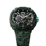 TSAR BOMBA Electron TB8401CF Men’s Watch. Crafted entirely from carbon fiber—including the strap—it weighs just 100 grams. The skeleton dial design offers a direct view of the movement, allowing you to appreciate the charm of precision mechanics in action. Powered by a Citizen MIYOTA movement. The Electron-TB8401CF features Grade A luminescent coating, scratch-resistant sapphire crystal, and an interchangeable fluororubber strap. Water-resistant to 100 meters (10 ATM).--Top view
