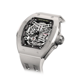 TSAR BOMBA Atomic TB8218C automatic skeleton tonneau men watch; ceramic bezel and stainless steel case and fluororubber strap; Features a ceramic bezel and an interchangeable fluoro-rubber strap. Utilizes TSAR BOMBA’s patented technology for interchangeable straps, bezels, and crowns. Quickly swap modules without tools—since your watch can change its style, why buy another one? Left three-quarter angle view-- Ghost Grey
