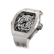TSAR BOMBA Atomic TB8218C automatic skeleton tonneau men watch; ceramic bezel and stainless steel case and fluororubber strap; Features a ceramic bezel and an interchangeable fluoro-rubber strap. Utilizes TSAR BOMBA’s patented technology for interchangeable straps, bezels, and crowns. Quickly swap modules without tools—since your watch can change its style, why buy another one? Left three-quarter angle view-- Ghost Grey
