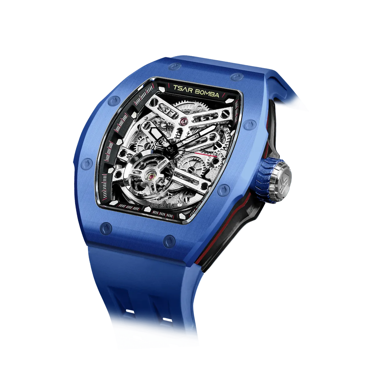 TSAR BOMBA Atomic TB8218C automatic skeleton tonneau men watch; ceramic bezel and stainless steel case and fluororubber strap; Features a ceramic bezel and an interchangeable fluoro-rubber strap. Utilizes TSAR BOMBA’s patented technology for interchangeable straps, bezels, and crowns. Quickly swap modules without tools—since your watch can change its style, why buy another one? Left three-quarter angle view-- blue
