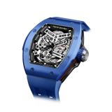 TSAR BOMBA Atomic TB8218C automatic skeleton tonneau men watch; ceramic bezel and stainless steel case and fluororubber strap; Features a ceramic bezel and an interchangeable fluoro-rubber strap. Utilizes TSAR BOMBA’s patented technology for interchangeable straps, bezels, and crowns. Quickly swap modules without tools—since your watch can change its style, why buy another one? Left three-quarter angle view-- blue
