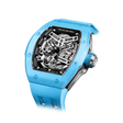 TSAR BOMBA Atomic TB8218C automatic skeleton tonneau men watch; ceramic bezel and stainless steel case and fluororubber strap; Features a ceramic bezel and an interchangeable fluoro-rubber strap. Utilizes TSAR BOMBA’s patented technology for interchangeable straps, bezels, and crowns. Quickly swap modules without tools—since your watch can change its style, why buy another one? Left three-quarter angle view-- sky blue