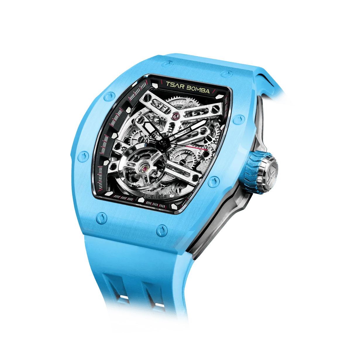 TSAR BOMBA Atomic TB8218C automatic skeleton tonneau men watch; ceramic bezel and stainless steel case and fluororubber strap; Features a ceramic bezel and an interchangeable fluoro-rubber strap. Utilizes TSAR BOMBA’s patented technology for interchangeable straps, bezels, and crowns. Quickly swap modules without tools—since your watch can change its style, why buy another one? Left three-quarter angle view-- sky blue