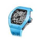 TSAR BOMBA Atomic TB8218C automatic skeleton tonneau men watch; ceramic bezel and stainless steel case and fluororubber strap; Features a ceramic bezel and an interchangeable fluoro-rubber strap. Utilizes TSAR BOMBA’s patented technology for interchangeable straps, bezels, and crowns. Quickly swap modules without tools—since your watch can change its style, why buy another one? Left three-quarter angle view-- sky blue