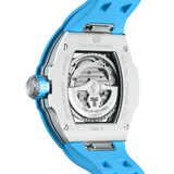 TSAR BOMBA Atomic TB8218C automatic skeleton tonneau men watch; ceramic bezel and stainless steel case and fluororubber strap; Features a ceramic bezel and an interchangeable fluoro-rubber strap. Utilizes TSAR BOMBA’s patented technology for interchangeable straps, bezels, and crowns. Quickly swap modules without tools—since your watch can change its style, why buy another one? Rear-view-- sky blue