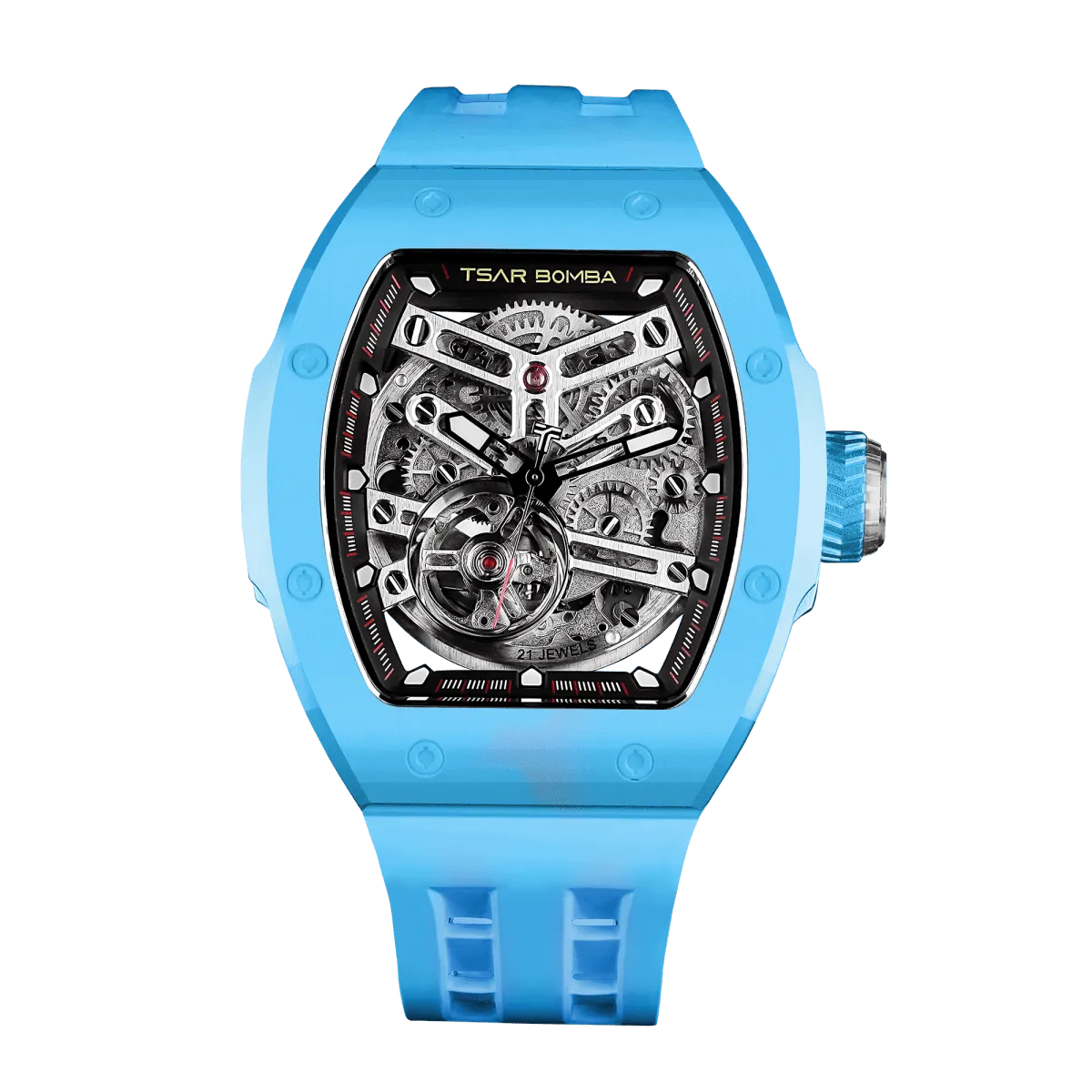TSAR BOMBA Atomic TB8218C automatic skeleton tonneau men watch; ceramic bezel and stainless steel case and fluororubber strap; Features a ceramic bezel and an interchangeable fluoro-rubber strap. Utilizes TSAR BOMBA’s patented technology for interchangeable straps, bezels, and crowns. Quickly swap modules without tools—since your watch can change its style, why buy another one? Front view-- sky blue