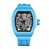 TSAR BOMBA Atomic TB8218C automatic skeleton tonneau men watch; ceramic bezel and stainless steel case and fluororubber strap; Features a ceramic bezel and an interchangeable fluoro-rubber strap. Utilizes TSAR BOMBA’s patented technology for interchangeable straps, bezels, and crowns. Quickly swap modules without tools—since your watch can change its style, why buy another one? Front view-- sky blue