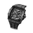 15° Left-Angled View TSAR BOMBA Elemental TB8208A men’s black tonneau watch with a stainless steel case and skeleton dial.