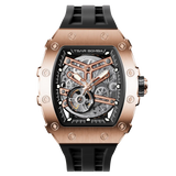 The TSAR BOMBA TB8208A tonneau skeleton watch, front view, features a rose gold stainless steel case, exposed mechanical movement, and a black strap. A tourbillon is visible at 7 o'clock.