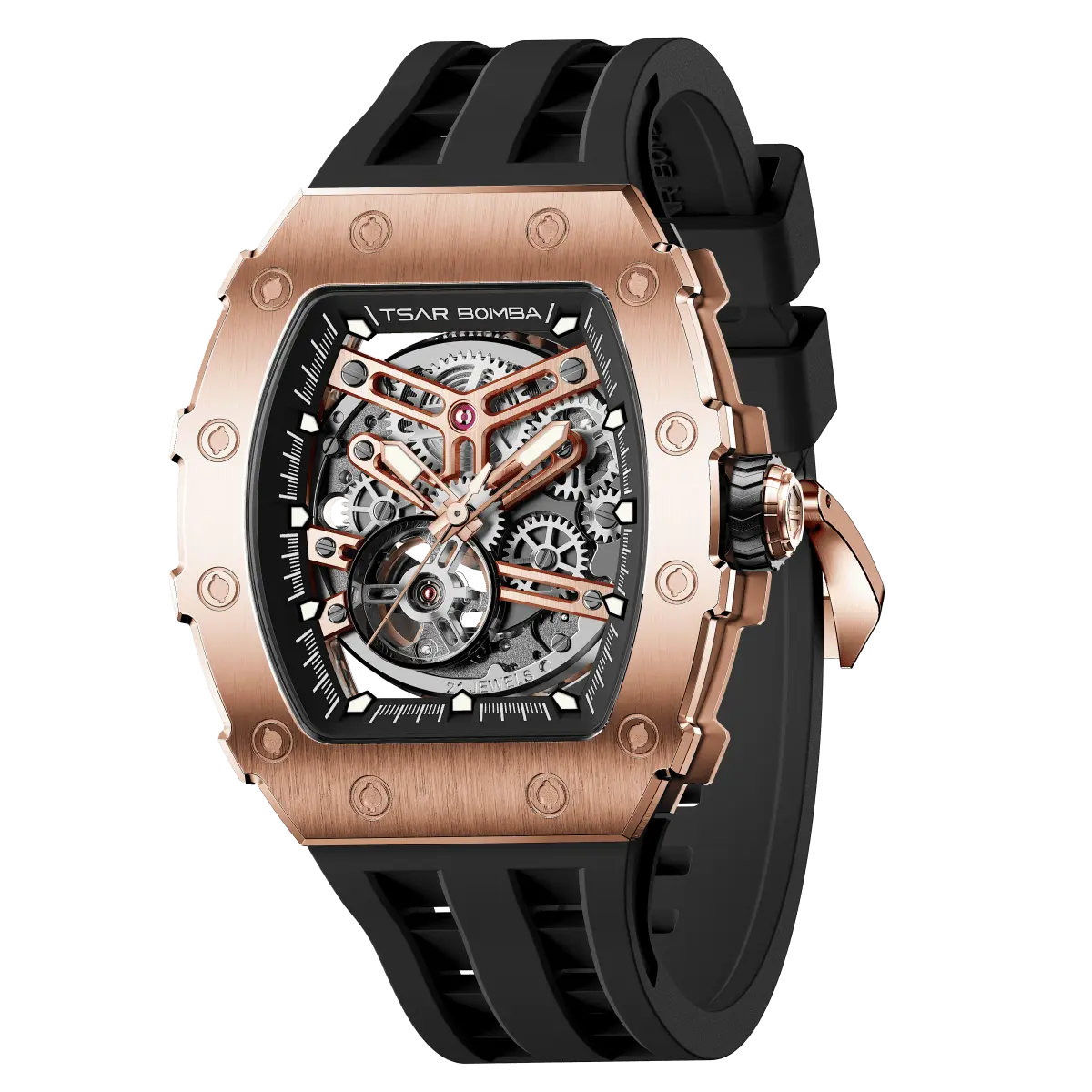 The TSAR BOMBA TB8208A tonneau skeleton watch, Three-quarter view, features a rose gold stainless steel case, exposed mechanical movement, and a black strap. A tourbillon is visible at 7 o'clock.