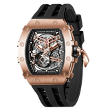 The TSAR BOMBA TB8208A tonneau skeleton watch, Three-quarter view, features a rose gold stainless steel case, exposed mechanical movement, and a black strap. A tourbillon is visible at 7 o'clock.