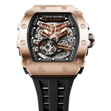 The TSAR BOMBA TB8208A tonneau skeleton watch, shown in the front view, eatures a rose gold stainless steel case, exposed mechanical movement, and a black strap. A tourbillon is visible at 7 o'clock.