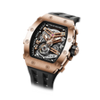The TSAR BOMBA TB8208A tonneau skeleton watch, Angled front view, features a rose gold stainless steel case, exposed mechanical movement, and a black strap. A tourbillon is visible at 7 o'clock.