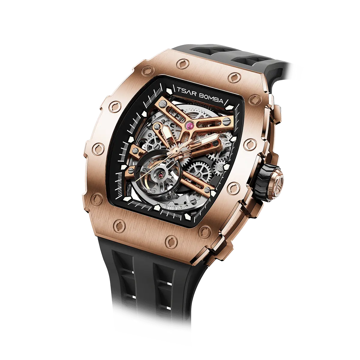 The TSAR BOMBA TB8208A tonneau skeleton watch, Angled front view, features a rose gold stainless steel case, exposed mechanical movement, and a black strap. A tourbillon is visible at 7 o'clock.