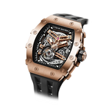 The TSAR BOMBA TB8208A tonneau skeleton watch, Angled front view, features a rose gold stainless steel case, exposed mechanical movement, and a black strap. A tourbillon is visible at 7 o'clock.
