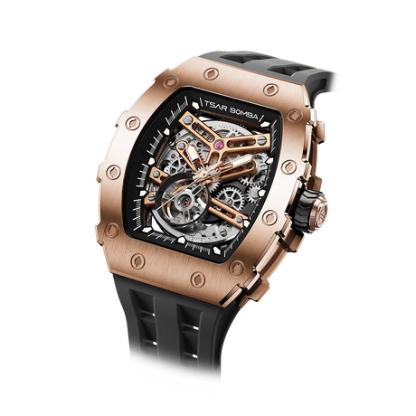 The TSAR BOMBA TB8208A tonneau skeleton watch, Angled front view, features a rose gold stainless steel case, exposed mechanical movement, and a black strap. A tourbillon is visible at 7 o'clock.