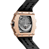 TSAR BOMBA TB8208A tonneau skeleton watch, Rear view, showing its exhibition case back, Miyota automatic movement, rose gold-tone stainless steel case, and black strap.
