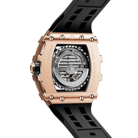 TSAR BOMBA TB8208A tonneau skeleton watch, Rear view, showing its exhibition case back, Miyota automatic movement, rose gold-tone stainless steel case, and black strap.