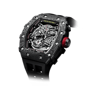 15° Left-Angled View TSAR BOMBA Elemental TB8208CF men’s Cool Black tonneau watch with a stainless steel case and black carbon fiber bezel and skeleton dial.