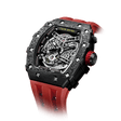 15° Left-Angled View TSAR BOMBA Elemental TB8208CF men’s Passion Red tonneau watch with a stainless steel case and black carbon fiber bezel and skeleton dial.