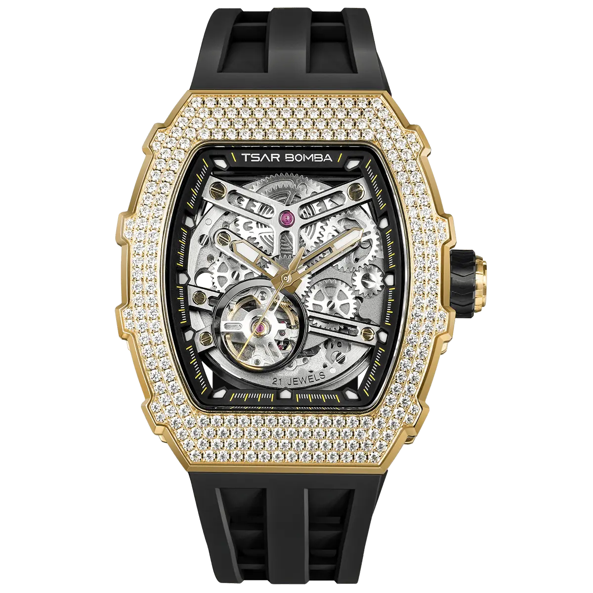 The TSAR BOMBA TB8208D automatic skeleton tonneau men's watch, front view , features a stainless steel case, a cubic zirconia diamond bezel, and a black strap.