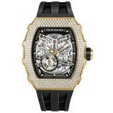 The TSAR BOMBA TB8208D automatic skeleton tonneau men's watch, front view , features a stainless steel case, a cubic zirconia diamond bezel, and a black strap.