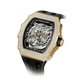 The TSAR BOMBA TB8208D automatic skeleton tonneau men's watch, front right three-quarter view, features a stainless steel case, a cubic zirconia diamond bezel, and a black strap.