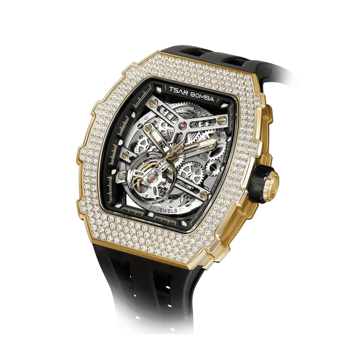 The TSAR BOMBA TB8208D automatic skeleton tonneau men's watch, front right three-quarter view, features a stainless steel case, a cubic zirconia diamond bezel, and a black strap.