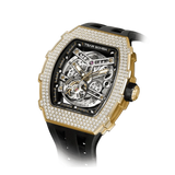 The TSAR BOMBA TB8208D automatic skeleton tonneau men's watch, front right three-quarter view, features a stainless steel case, a cubic zirconia diamond bezel, and a black strap.