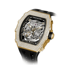 The TSAR BOMBA TB8208D automatic skeleton tonneau men's watch, front right three-quarter view, features a stainless steel case, a cubic zirconia diamond bezel, and a black strap.
