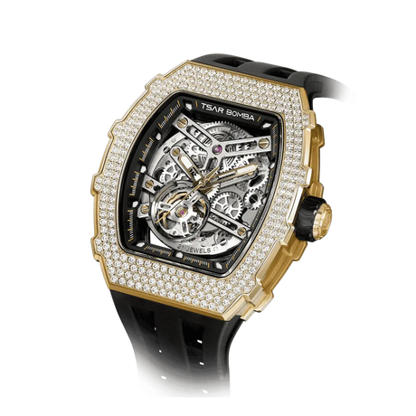 The TSAR BOMBA TB8208D automatic skeleton tonneau men's watch, front right three-quarter view, features a stainless steel case, a cubic zirconia diamond bezel, and a black strap.