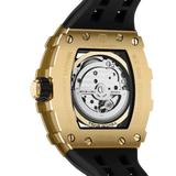 TSAR BOMBA TB8208D automatic tonneau men watch,Rear view, Showing its exhibition case gold and Miyota automatic movement with 21 jewels. The gold stainless steel case and black strap contrast with the gold crown.