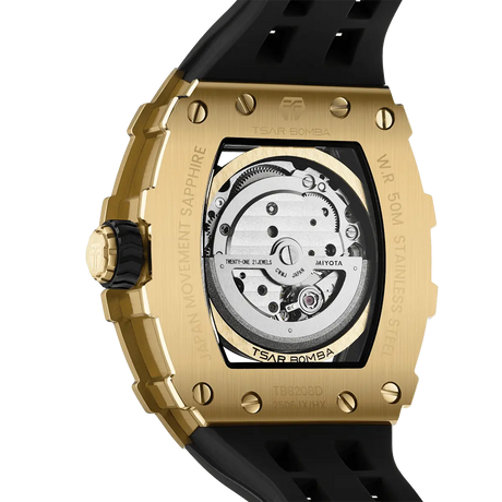 TSAR BOMBA TB8208D automatic tonneau men watch,Rear view, Showing its exhibition case gold and Miyota automatic movement with 21 jewels. The gold stainless steel case and black strap contrast with the gold crown.