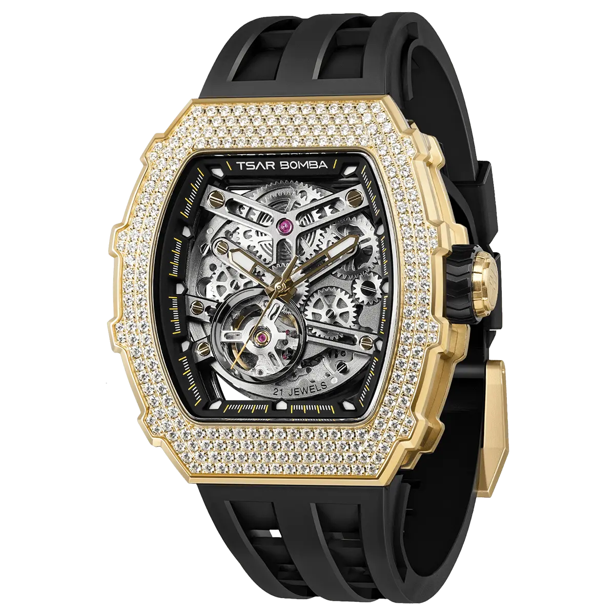 The TSAR BOMBA TB8208D automatic skeleton tonneau men's watch, Three-quarter view , features a stainless steel case, a cubic zirconia diamond bezel, and a black strap.
