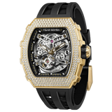 The TSAR BOMBA TB8208D automatic skeleton tonneau men's watch, Three-quarter view , features a stainless steel case, a cubic zirconia diamond bezel, and a black strap.