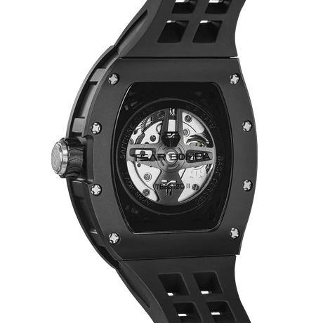 TSAR BOMBA Elemental TB8212 Skeleton Automatic Mechanical Watch. Powered by a Seiko Epson automatic movement, the full ceramic case is lightweight, skin-friendly.  It features Grade A luminescent coating, a scratch-resistant sapphire crystal, and a fluororubber strap. Water-resistant to 50 meters (5 ATM).--rear view