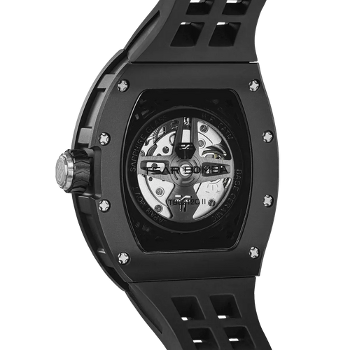 TSAR BOMBA Elemental TB8212 Skeleton Automatic Mechanical Watch. Powered by a Seiko Epson automatic movement, the full ceramic case is lightweight, skin-friendly.  It features Grade A luminescent coating, a scratch-resistant sapphire crystal, and a fluororubber strap. Water-resistant to 50 meters (5 ATM).--rear view