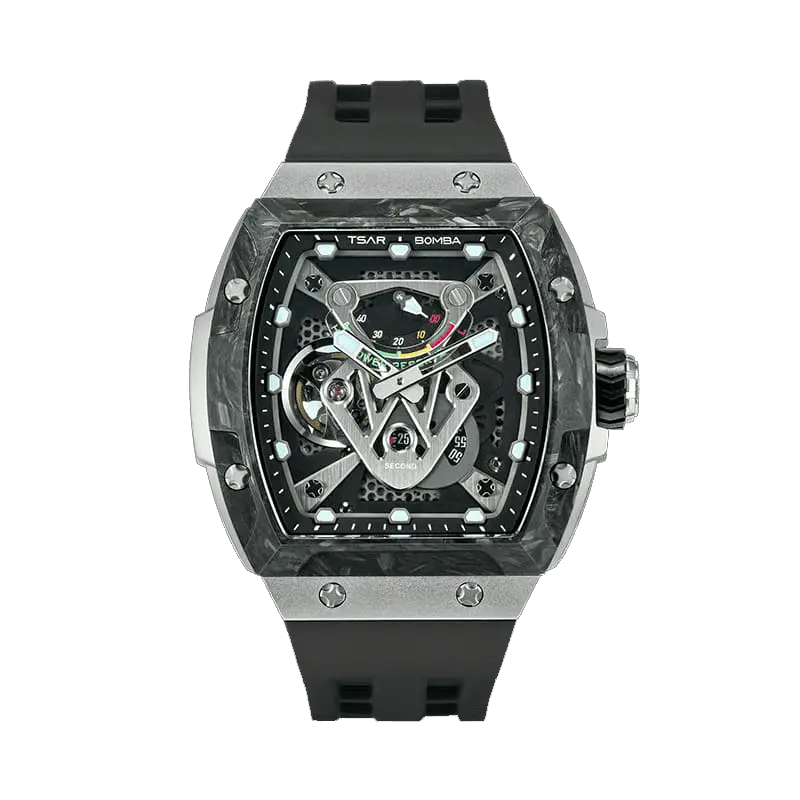TSAR BOMBA TB8216 limited-edition tonneau watch, front view, featuring a carbon fiber bezel and titanium case and black interchangeable strap. The power reserve indicator is at 12 o’clock, and the tourbillon is at 9 o’clock.--