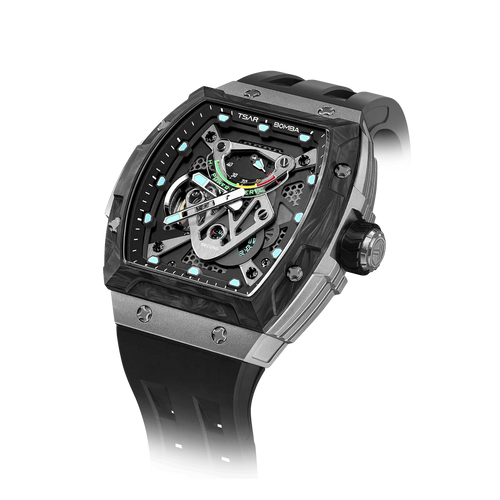 TSAR BOMBA TB8216 limited-edition tonneau watch, front right three-quarter view, featuring a carbon fiber bezel and titanium case and black interchangeable strap. The power reserve indicator is at 12 o’clock, and the tourbillon is at 9 o’clock.--