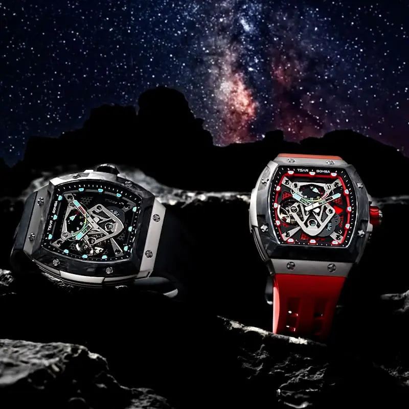 TSAR BOMBA TB8216 limited-edition tonneau watch, black TB8216 and Red TB8216, featuring a carbon fiber bezel and titanium case and black interchangeable strap. The power reserve indicator is at 12 o’clock, and the tourbillon is at 9 o’clock.--