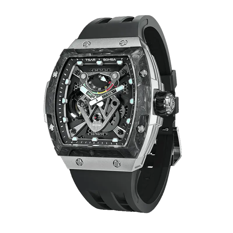 TSAR BOMBA TB8216 limited-edition tonneau watch, viewed from the left three-quarter angle, featuring a carbon fiber bezel and titanium case and black interchangeable strap. The power reserve indicator is at 12 o’clock, and the tourbillon is at 9 o’clock.--